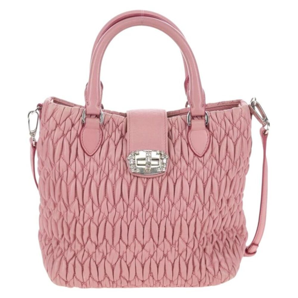 Miu Miu Crystal Convertible Top Handle Matelasse Leather Pink Leather Handbag